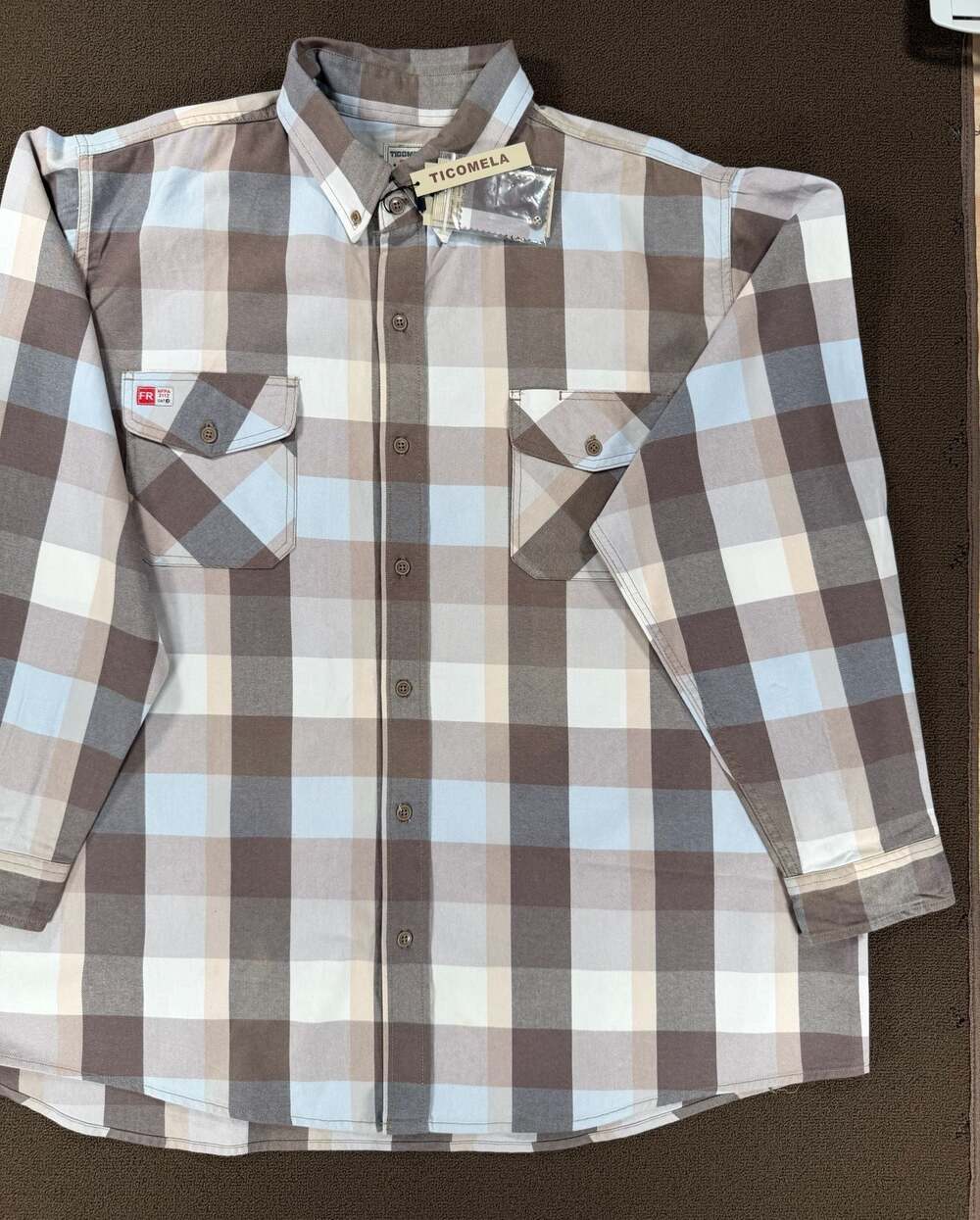 Ticomela Men's Fire Resistant (FR) Plaid Long Sleeve Button-Up Work Shirt, 3XL